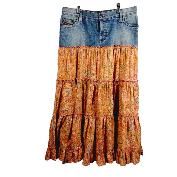Lee, Mixed Media Midi Skirt Denim/Cotton Print, Size 9 M, Tiered Bottom, Western - Picture 1 of 16
